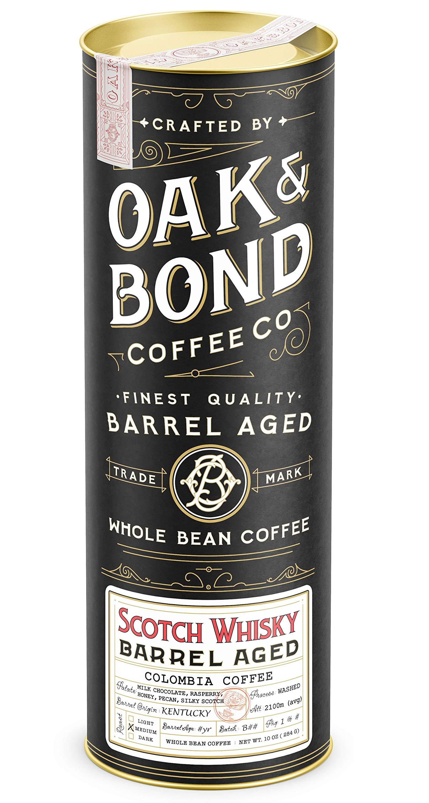 Oak & Bond Coffee Co. Scotch Whisky Barrel Aged Coffee, Colombia Single Origin Washed Whole Coffee Bean, Medium Roast w/ Flavor Notes of Milk Chocolate, Raspberry, Honey, Silky Scotch by Oak & Bond Coffee Co. – 10oz.