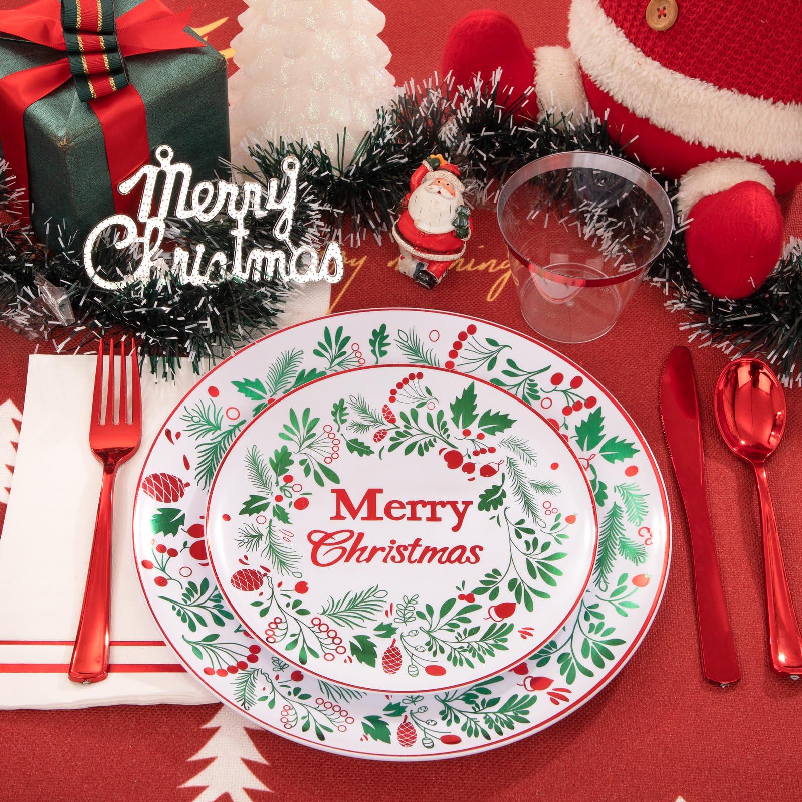 bUCLA bUCLA 175PCS Christmas Plates Dinnerware Set - Green and Red Christmas Plastic Plates and Napkins Disposable Include 25 Dinner Plates,25 Dessert Plates,75 Cutlery,25 Cups&25 Napkins