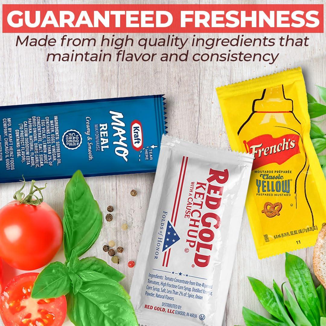 Velvet Nook Individual Condiment Packets Variety Pack 150-Count - 50 Packs of Each: Ketchup Packets, Mayo Packets and Mustard Packets Single Serve - Perfect Mini Travel Condiments for BBQ, Picnic, Events