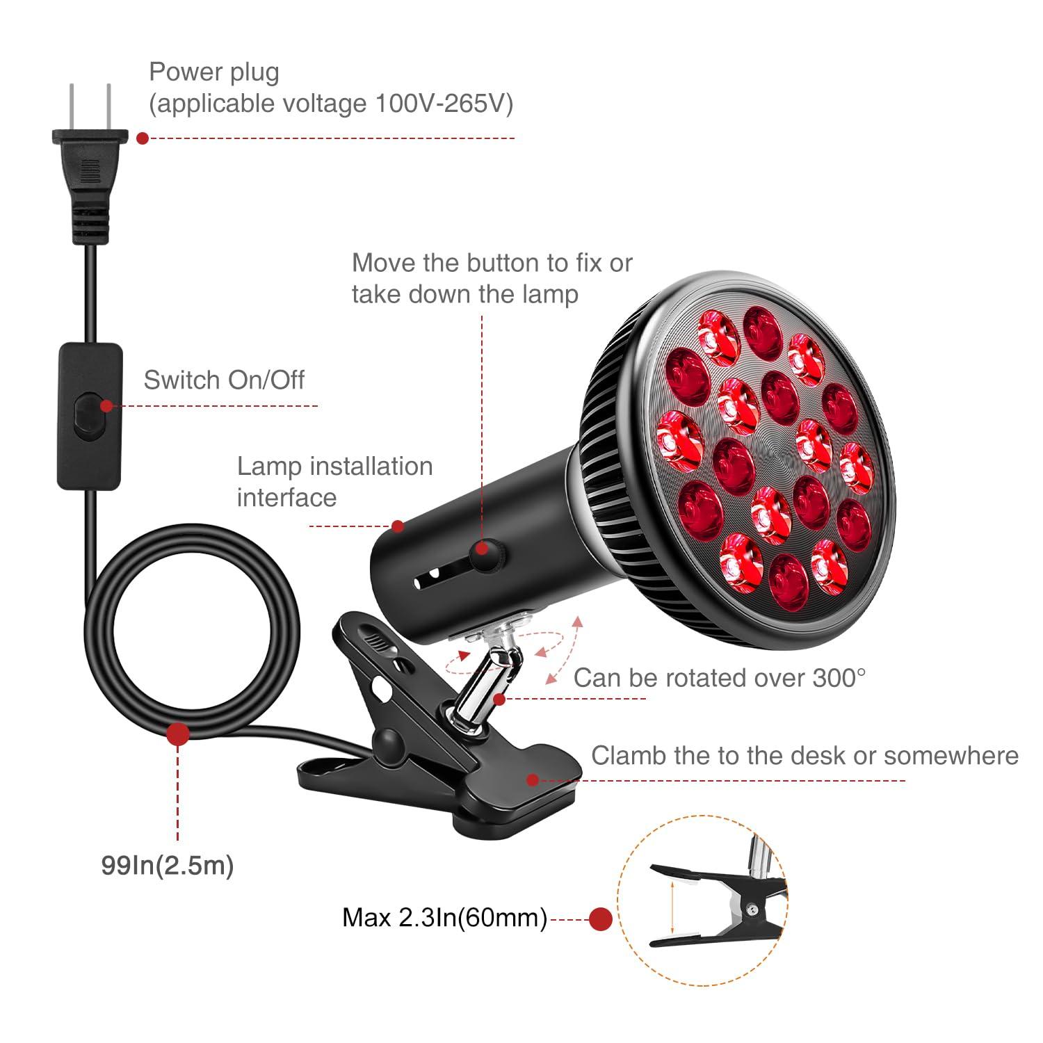 Aumtrly Aumtrly Red Light Therapy with Clip, Infrared Light Therapy Lamp for Body and Face Use, 660nm Red and 850nm Near Infrared Red Light Therapy Lamp, Red Light Therapy Device with Adjustable Socket