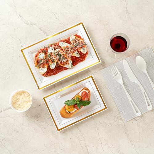 Restaurantware Restaurantware Moderna 7.5 x 5.3 Inch Premium Disposable Plates 10 Rectangular Plastic Plates For Parties - Gold-Rimmed Durable White Plastic Dinner Plates For Warm And Cold Foods
