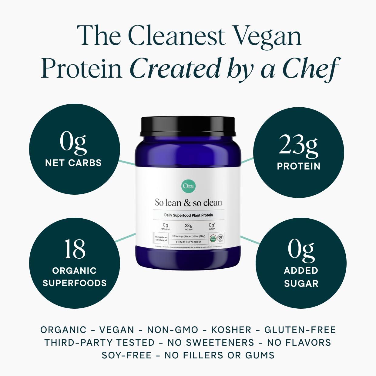 Ora Organic Ora Organic Vegan Protein Powder - 23g Plant Based Pea Protein + Superfood for Women and Men - Unsweetened 20 Servings, No Erythritol, Digestive Enzyme, Keto-Friendly, Gluten-Free, Paleo, Soy-Free