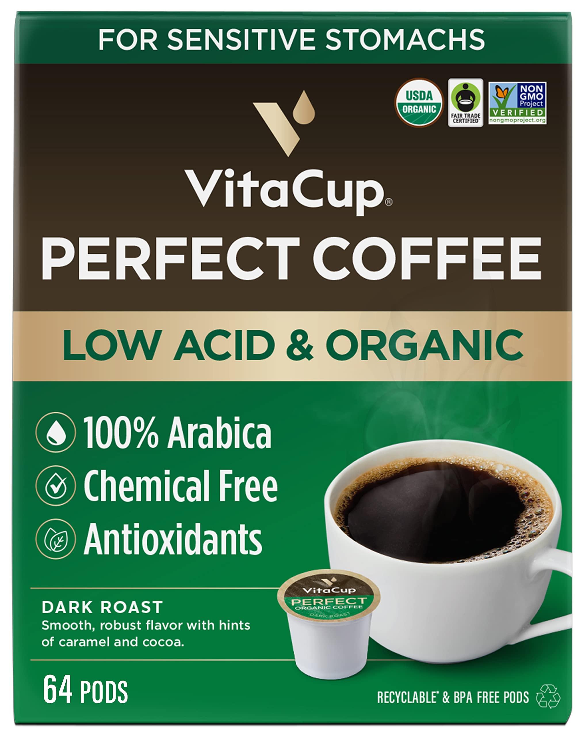 VitaCup VitaCup Perfect Low Acid Coffee Pods, USDA Organic & Fair Trade, Mycotoxin Free, Dark Roast Guatemala Single Origin, Clean & Pure Recyclable Single Serve Pod compatible w/Keurig K-Cup Brewers, 64 CT