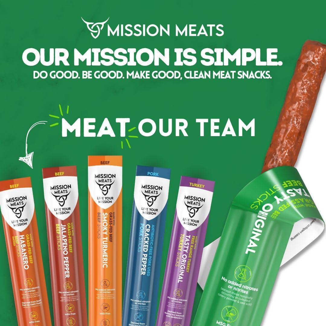 EST. 2015 MISSION MEATS Mission Meats Beef Sticks 100% Grass Fed & Pasture Raised, Zero Sugar, Gluten Free, Meat Sticks Individually Wrapped, Healthy Snacks, Whole 30 & Paleo Friendly, Original 1oz (Pack of 48)