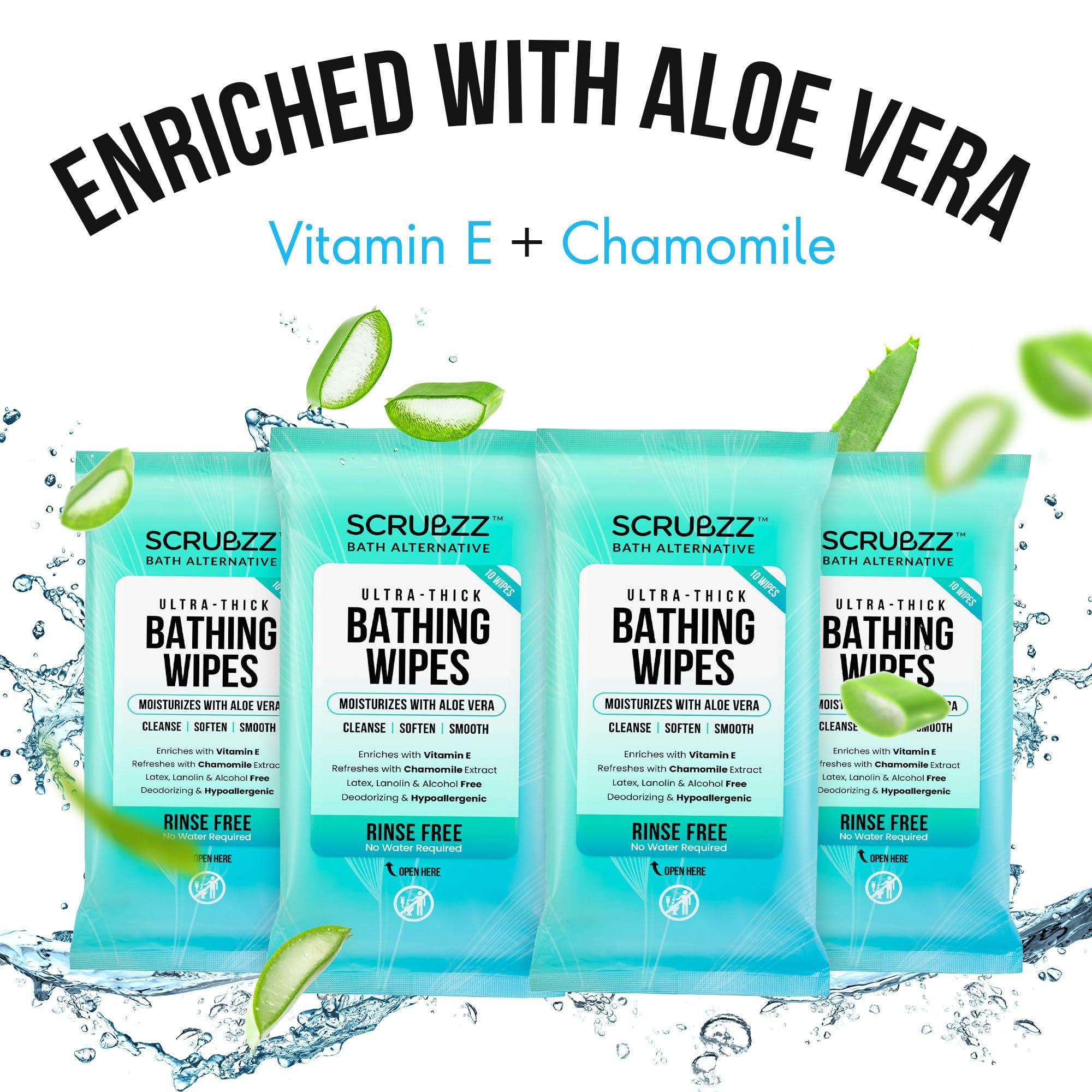 Scrubzz Extra Large Bath Wipes for Adults Bathing No Rinse - 40 Disposable Body Cleansing Wipes for Men, Women & Elderly - Great for Gym, Camping, Post Surgery - Shower Wipes