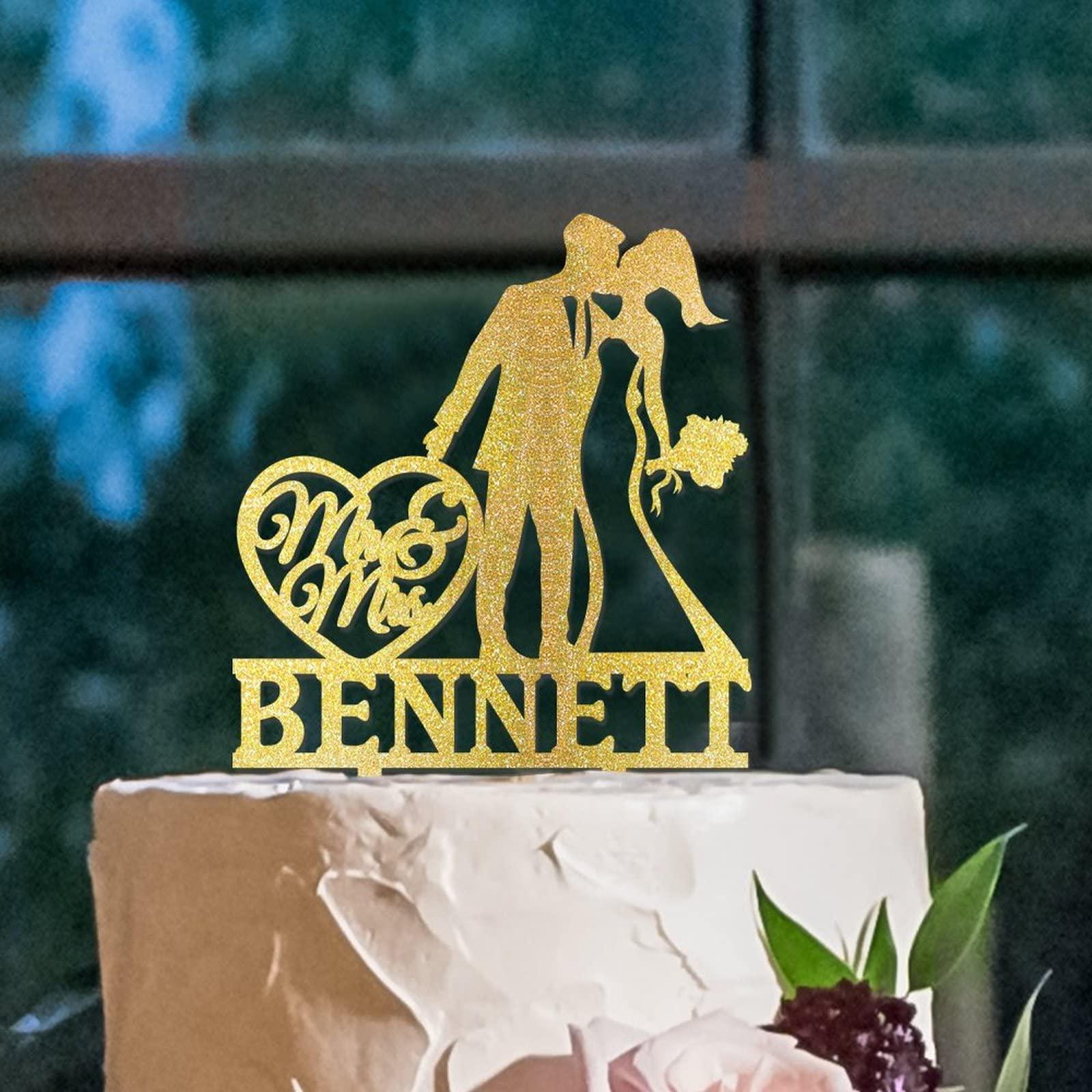 YJHLBHDIAN Mr and Mrs Cake Topper for Wedding Couple Married Cake Topper Afro Bride and Groom Silhouette Wedding Cake Topper Custom Cake Topper Personalized Bride Gift Acrylic Gold Cake Toppers