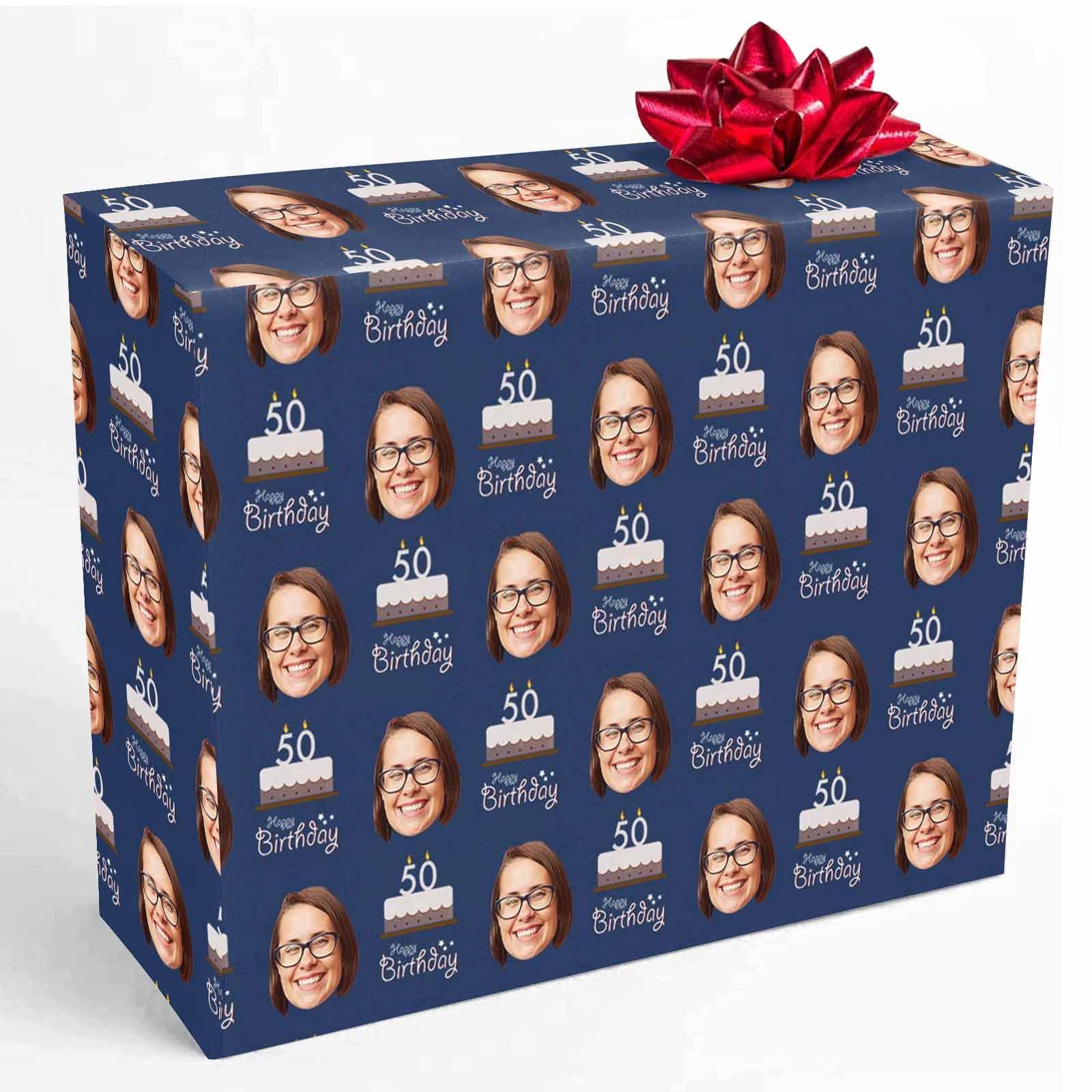 InterestPrint Personalized Photo Wrap Paper, Happy 50th Birthday Cake Navy Blue Customized Funny Face Wrapping Paper Roll Birthday Gift for Boys Girls Baby Shower Wedding Anniversary 58x23 inch 1 Roll