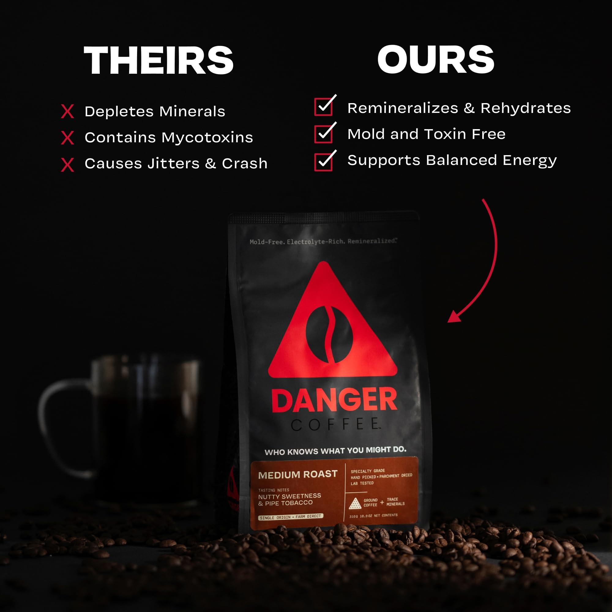 Danger Coffee Danger Coffee by Dave Asprey, Remineralized, Mold Free & Lab Tested Ground Coffee, Medium Roast, 10.9 Ounce