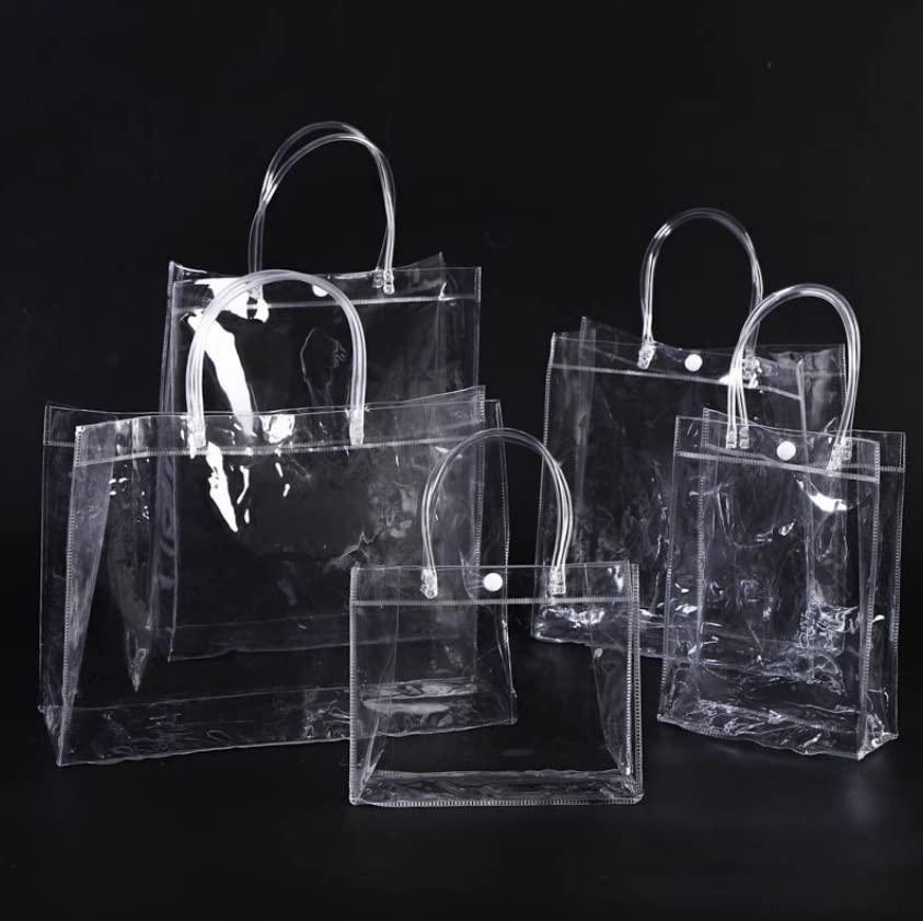 Rikyo Rikyo 12 pc Clear Gift Bags,Plastic Gift Bags with Handle and Button, Reusable Transparent PVC Gift Wrap Tote Bag for Bridal Party Favor, Baby Shower, Wedding Favor, Shopping Bag Bulk (10x8x3)