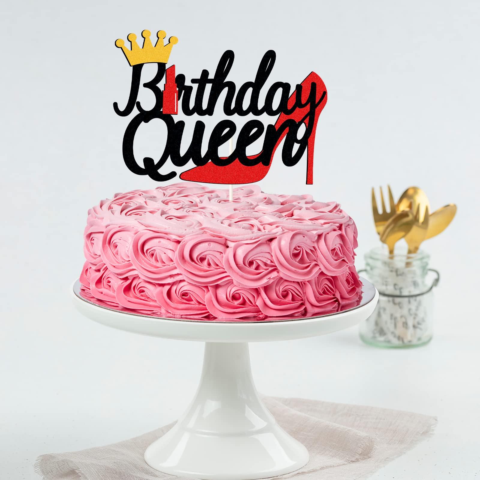 LECAKTO Black Red Glitter Birthday Queen Cake Topper,Lipstick High Heels Queen Theme Cake Decor,Queen Birthday Party Decorations Supplies For Women Girl