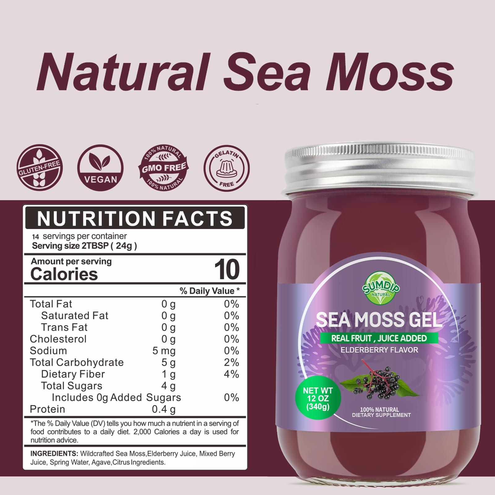 SumDIP Sea Moss Gel, Organic Raw Wildcrafted Irish Seamoss Gel Immune and Digestive Support Vitamin Mineral Antioxidant Supplements, Elderberry,Mixed Berry Flavor 12oz