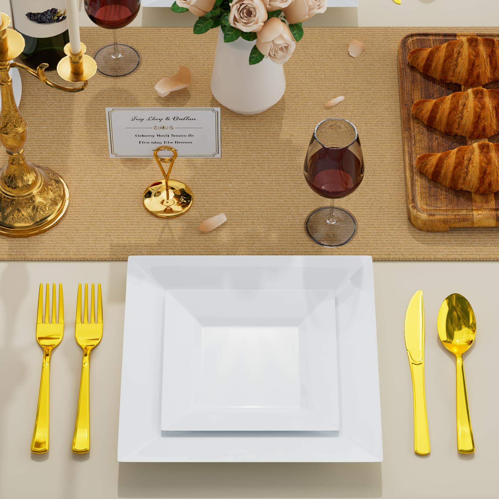 Goodluck Goodluck 100 Pack Disposable Square Plastic Plates, Heavy Duty 50pcs Dinner Plates 9.5\" and 50pcs Dessert Plates 6.5\", Fancy Disposable Plates for Wedding, Holiday Party, Birthday, White