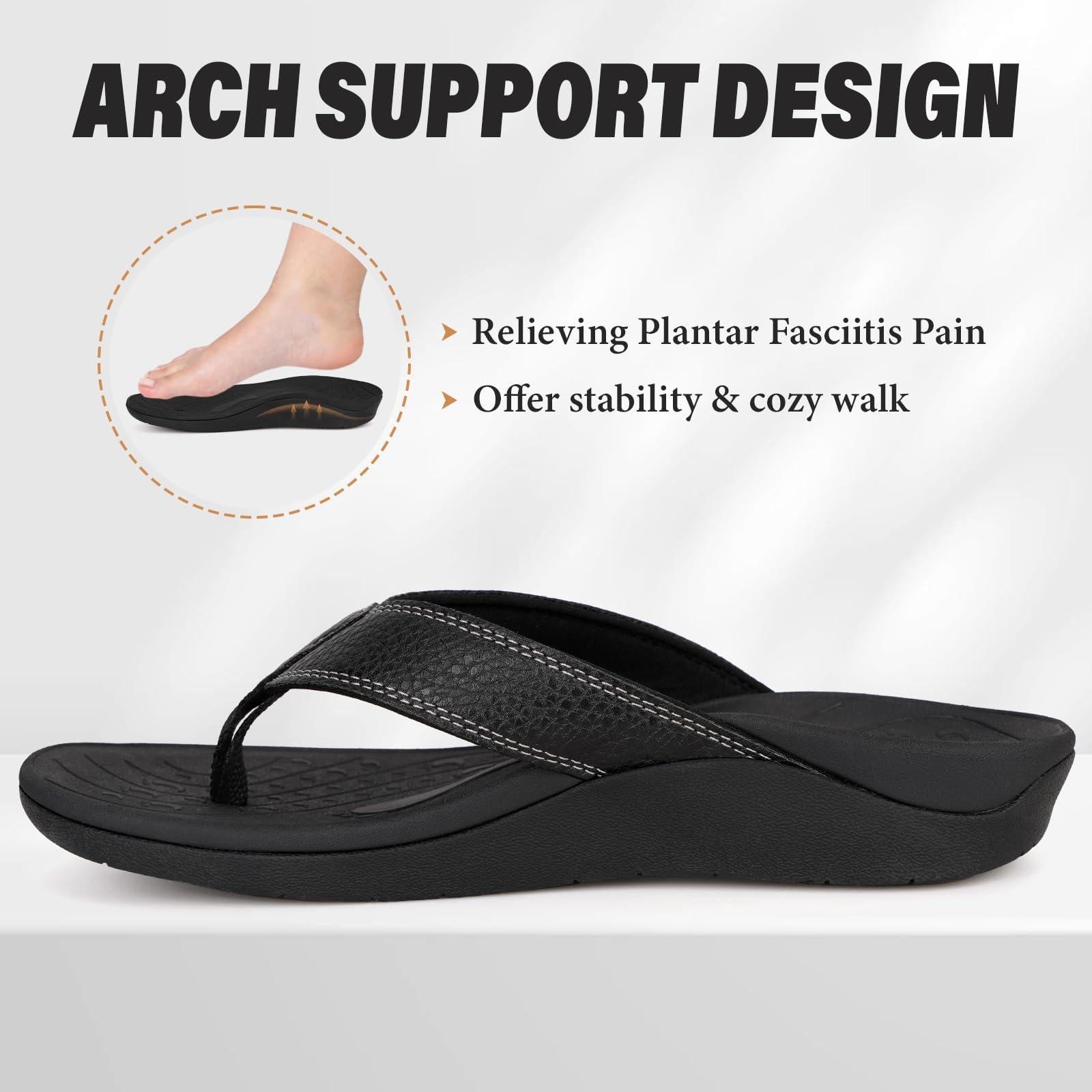 ERGOfoot ERGOfoot Orthotic Flip Flops with Arch Support, PU Thong Sandals Walking Comfort with Orthopedic Support for Plantar Fasciitis Flat Feet, Beach Slippers for Women Men/Black