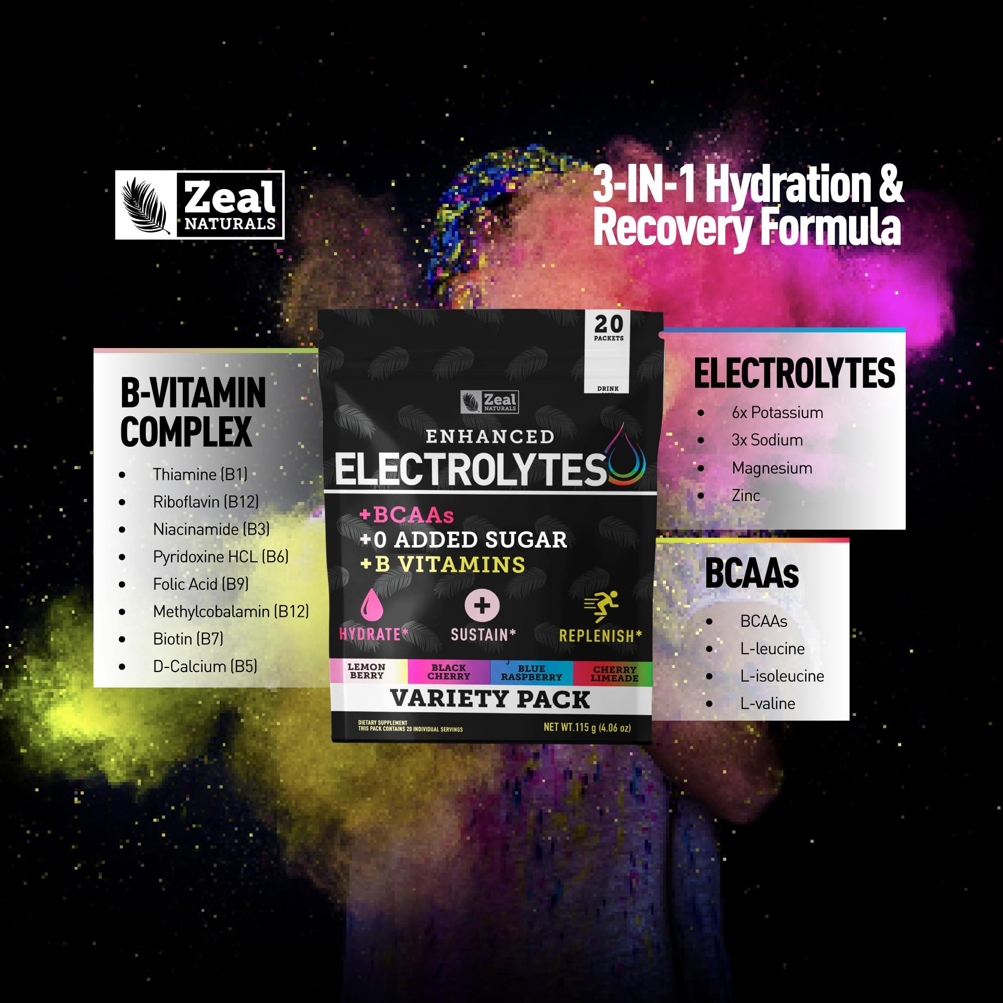 Zeal Naturals Enhanced Electrolyte Powder Stick Packs (Variety Pack - 20 Packets) w 0 Sugar +BCAAs +B-Vitamins Electrolyte Supplement w Potassium Zinc & Magnesium for Hydration - Keto Electrolytes