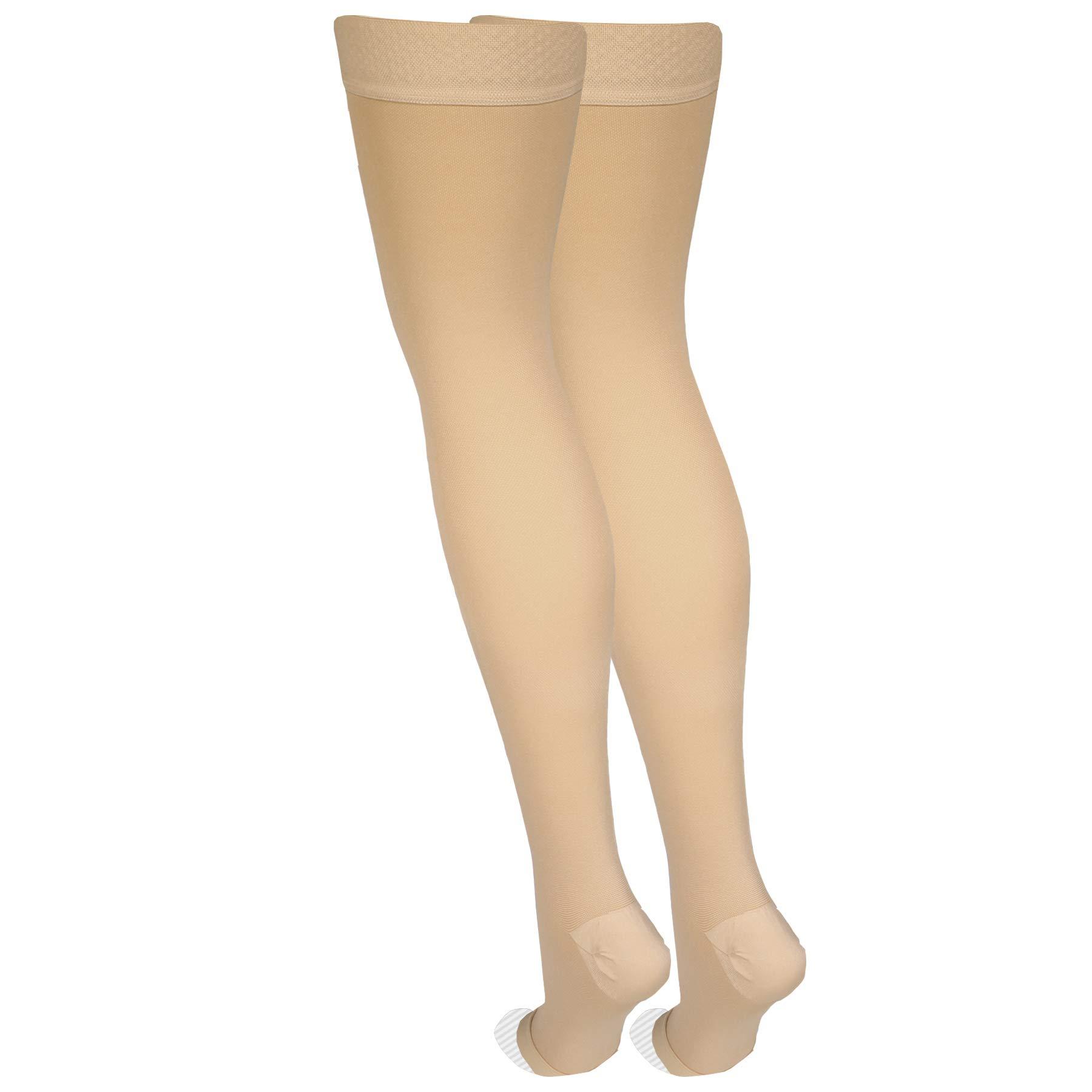 Amazon Basic Care Amazon Basic Care Medical Compression Stockings, 20-30 mmHg Support, Women & Men Thigh Length Hose, Open Toe, Beige, Large (Previously NuVein)