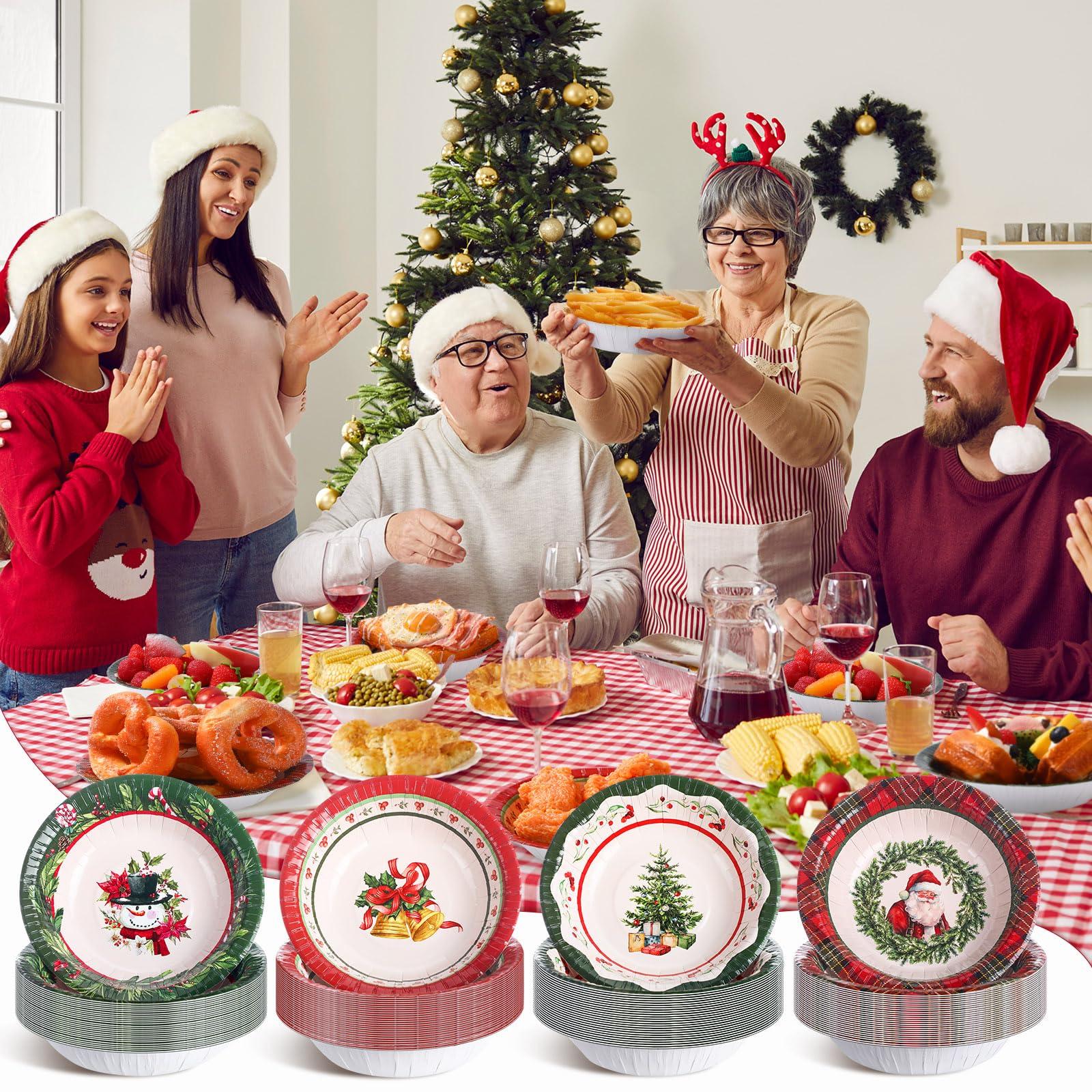 Pasimy Pasimy 100 Pcs Christmas Paper Bowls Bulk 12 oz Merry Christmas Disposable Bowls Red and Green Plaid Food Serving Snowman Santa Claus Snack Soup Dessert Food Tablewares for Xmas Party Favors Supplies