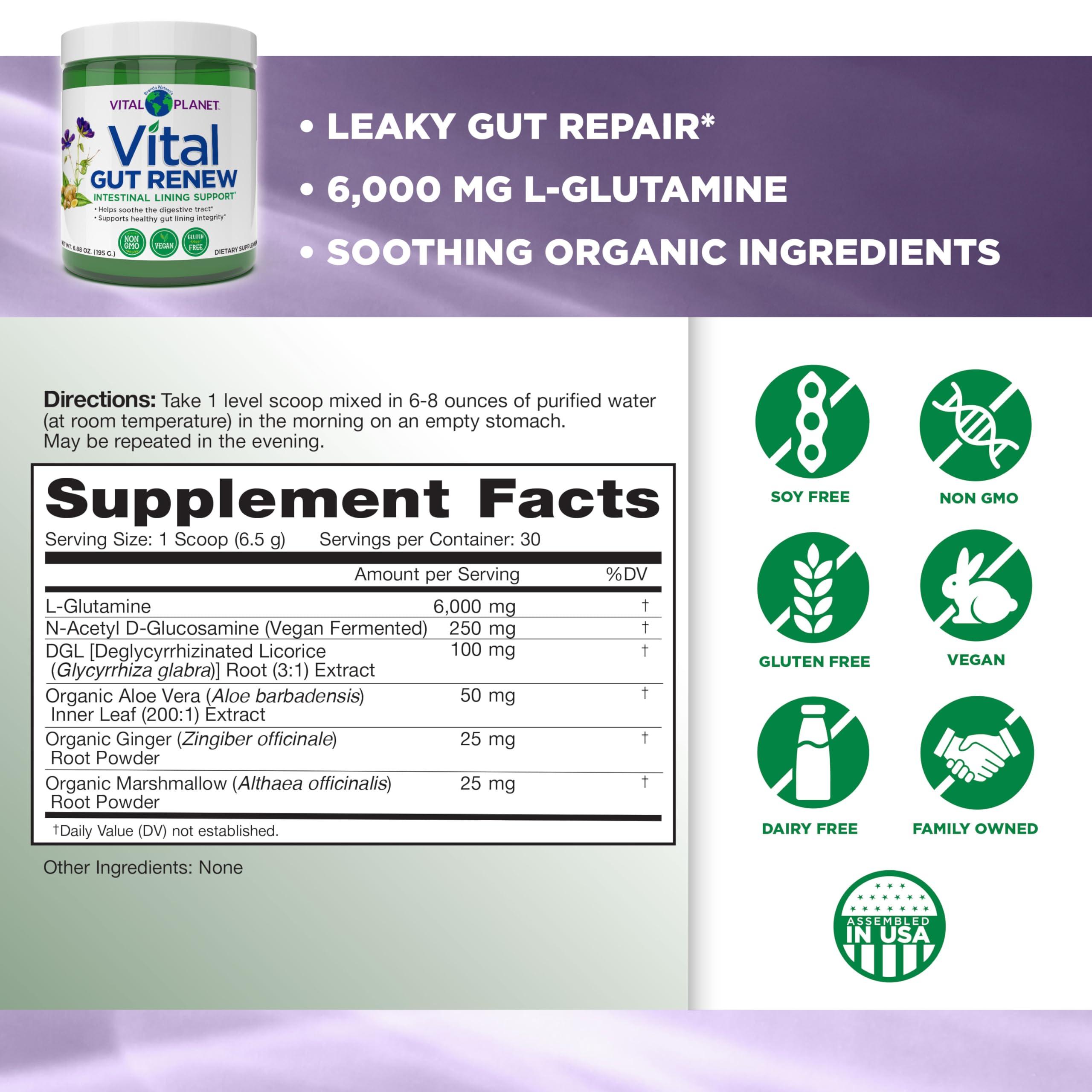 Vital Planet Vital Planet - Vital Gut Renew Powder Supplement for Leaky Gut Repair with L-Glutamine, Marshmallow and Ginger Root, DGL Licorice Root and Organic Aloe Vera, L Glutamine 6000mg 6.88 oz