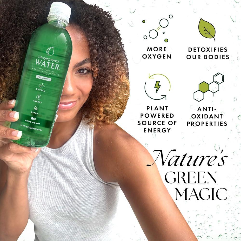 Chlorophyll Water Chlorophyll Water Purified Mountain Spring Water w/Liquid Chlorophyll & Vitamins A, B12, C, D | Plant Based | Antioxidants, Detox Water, Energy Boost, Immune Support 12pk