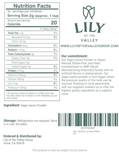 LILY OF THE VALLEY Lily of the Valley Sage Leaf Powder - Ground Dried Sage leaves - Seasoning Herb Spice - No Fillers & No Additives - Great for Cooking - Vegan & Gluten-Free - Packed in Resealable Pouch (16oz, 453g)