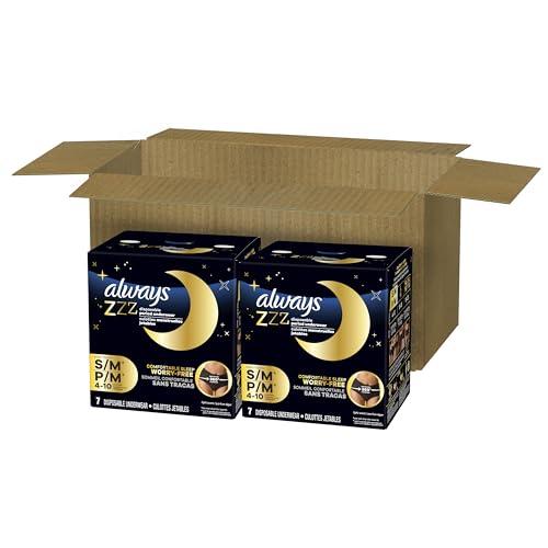 Always Always ZZZs Overnight Disposable Period Underwear for Women, Size S/M, Black Period Panties, Leakproof, 7 Count, Pack of 2 (14 Count Total)