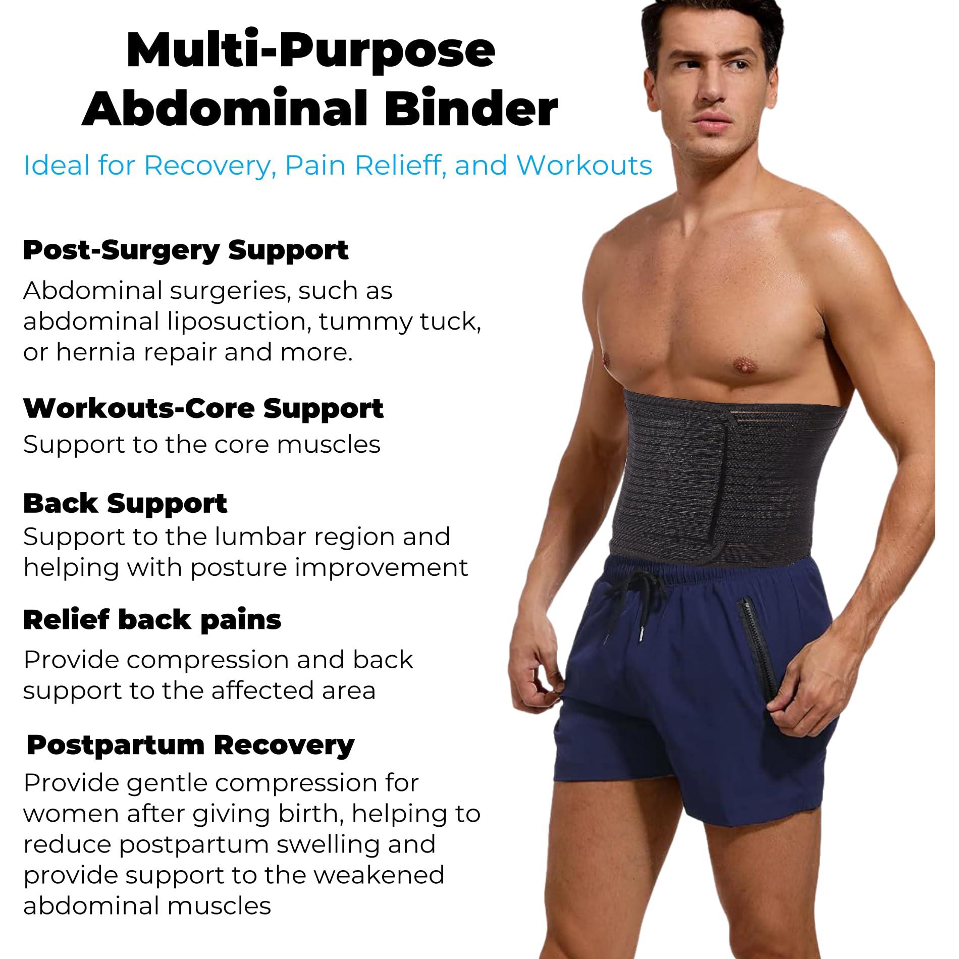 Reian Reian Men\'s Abdominal Binder for Post Surgery,Compression Wrap Abdomen Waist Support Belt for Hernia Surgery, Abdominal Injuries (Black, Large)
