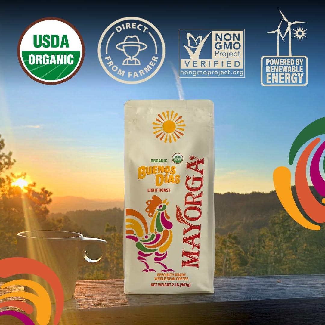 Mayorga Mayorga Organic Coffee 2lb Buenos Dias - Light Roast Whole Bean Specialty Grade Coffee, 100% Arabica, Slow Roasted, Citrusy and Sweet Flavor with Low Acidity - USDA Organic, Non-GMO, Kosher