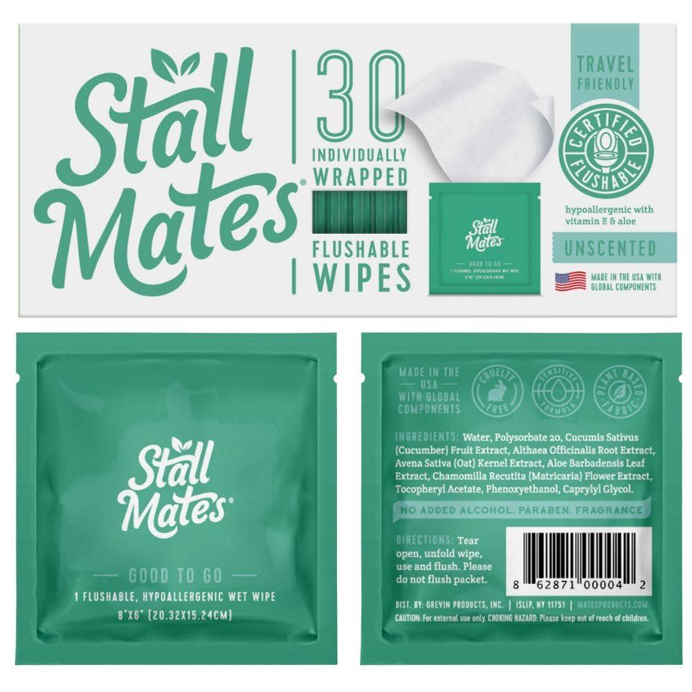 Stall Mates Wipes Stall Mates Wipes - Flushable Wipes | Individually Wrapped | Travel Friendly | Unscented with Vitamin-E & Aloe | (30 on-the-go singles)