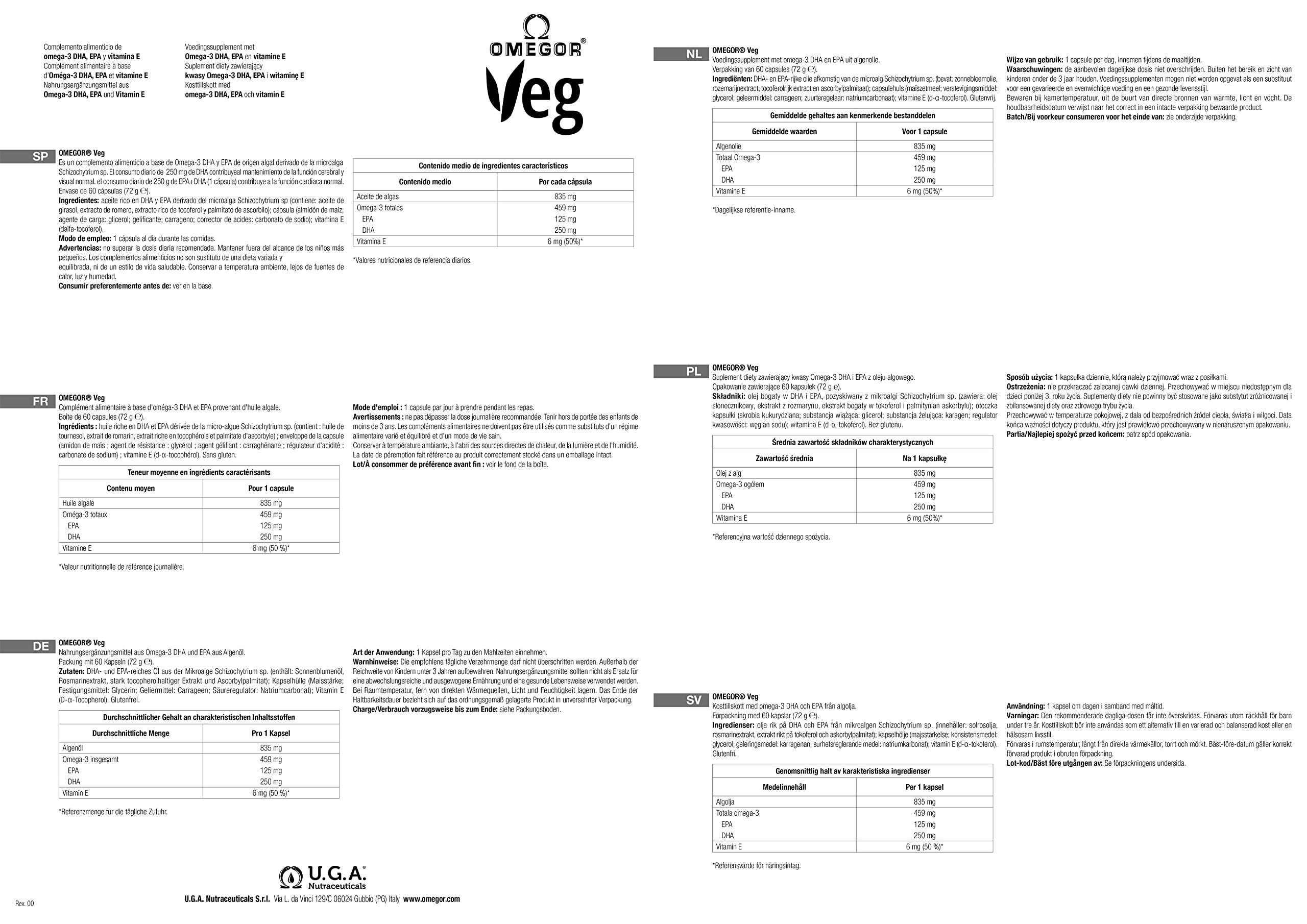 OMEGOR Omegor Veg Omega-3 Vegan (60 Capsules) Plant-Based Omega-3 Derived from Algal Oil, Enriched with Vitamin E Contains 250mg DHA and 125mg EPA per Capsule IFOS and Vegan Society Certified