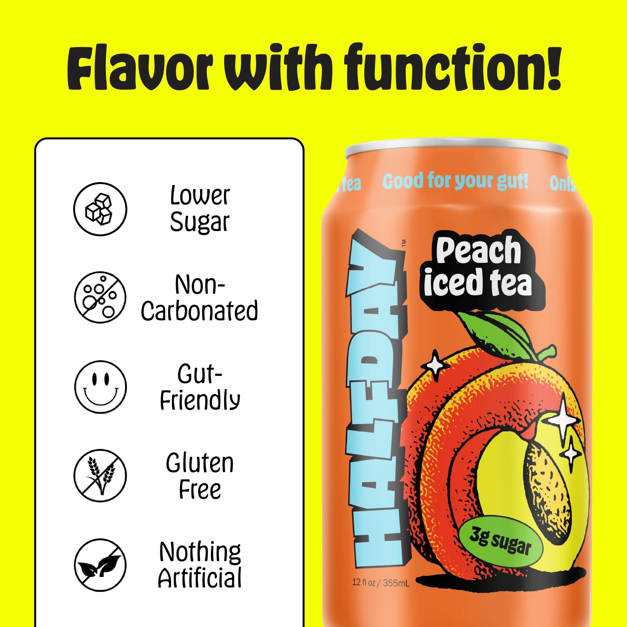 Halfday HALFDAY Prebiotic Peach Iced Tea Cans, Supports Digestive & Gut Health, 8g Plant Fiber & Prebiotics, Low Sugar, 30 Calories, Organic Tea, Natural Caffiene, Gluten Free, Keto, 12 fl oz (12 pack)