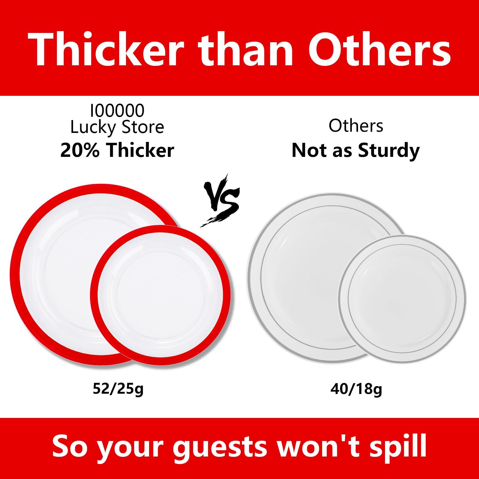 I00000 I00000 350 Pcs Clear and Red Plastic Plates,Valentines Disposable Dinnerware Set, Include 50 Dinner Plates 10.25\'\', 50 Dessert Plates 7.5\'\',50 Red Rim Cups,50 Per Rolled Napkins with Plastic Cutlery