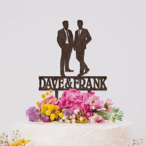 BYRON HOYLE Gay Marriage Silhouette Cake Topper Gay Same Sex LGBT Wedding Cake Toppers Mr & Mr Cake Topper for Wedding His And His Custom Wedding Party Topper LGBT Wood Brown Topper Cake Topper