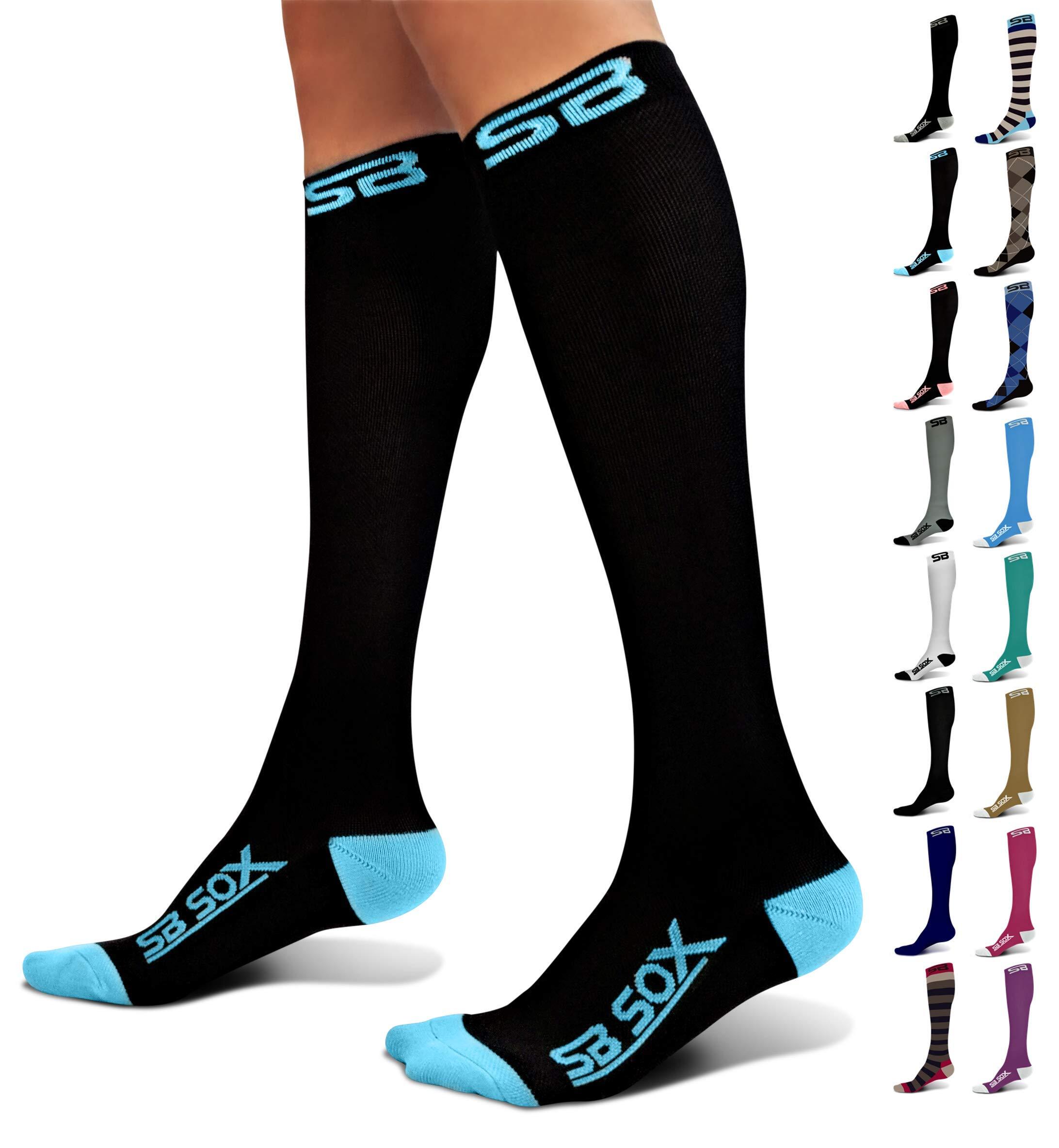 SB SOX SB SOX Compression Socks (20-30mmHg) for Men & Women – Best Compression Socks for All Day Wear, Better Blood Flow, Swelling! (Large, Black/Blue)