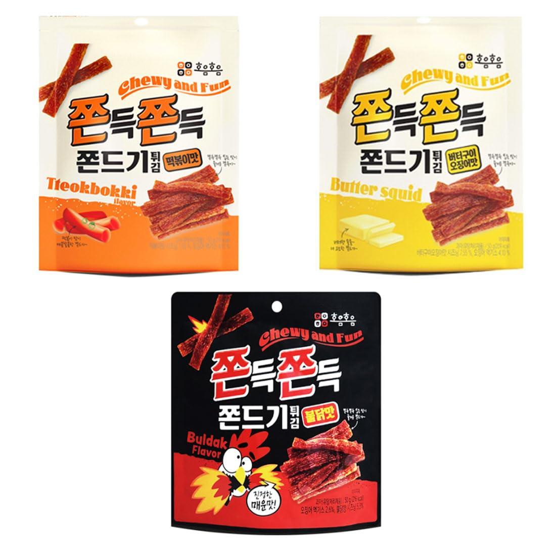 MENBLY Jjondigi Korean Old School Snack Jjondgi 2 Pack Set (Tteokbokki/Butter squid/Spicy Buldak) (Butter-Grilled Squid Flavor)