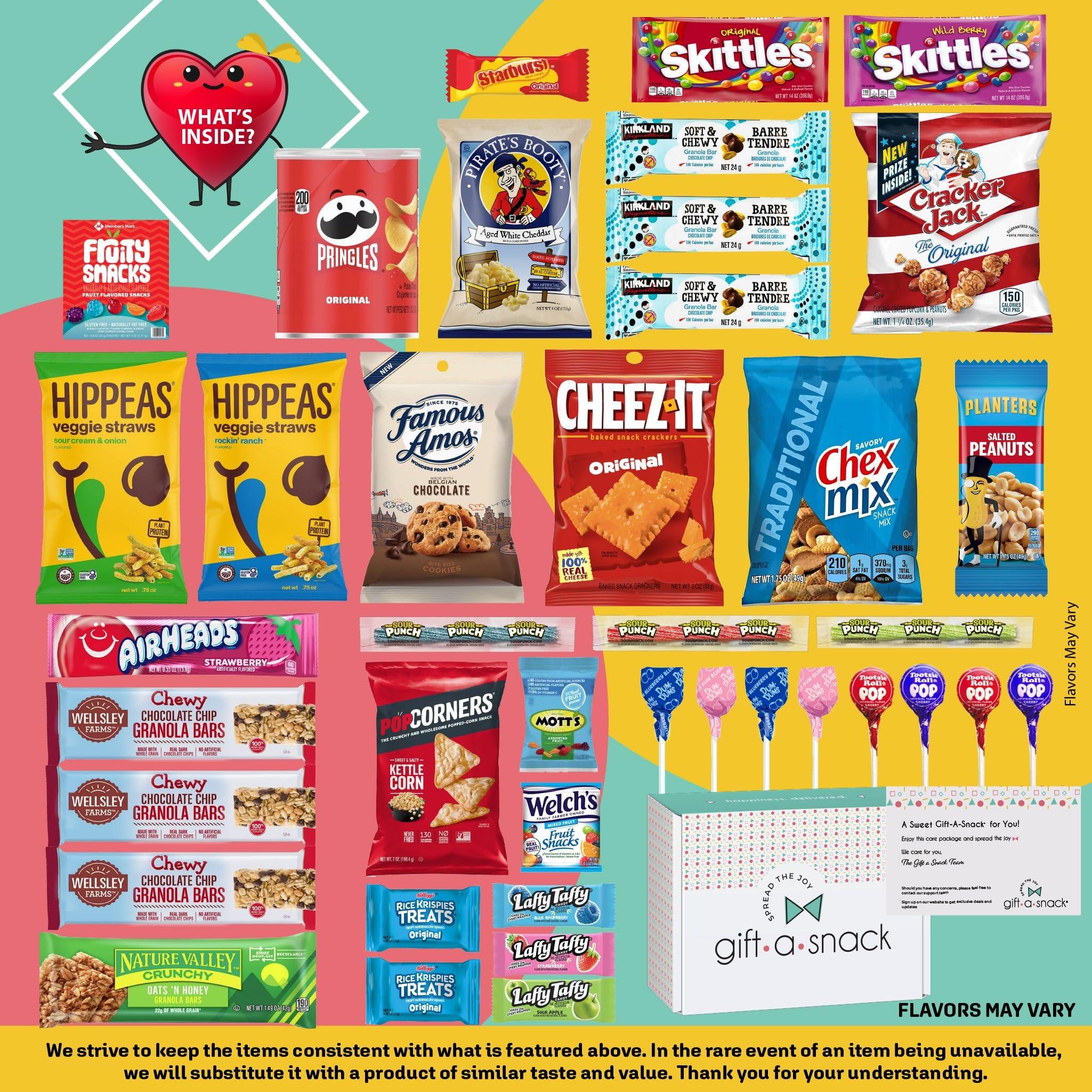 Nut Cravings Gift A Snack - Valentines Day Snack Box Variety Pack Care Package + Greeting Card (40 Count) Galentines Birthday Sweet Treats Gift Basket, Candies Chips Crackers Bars Corporate Gifts