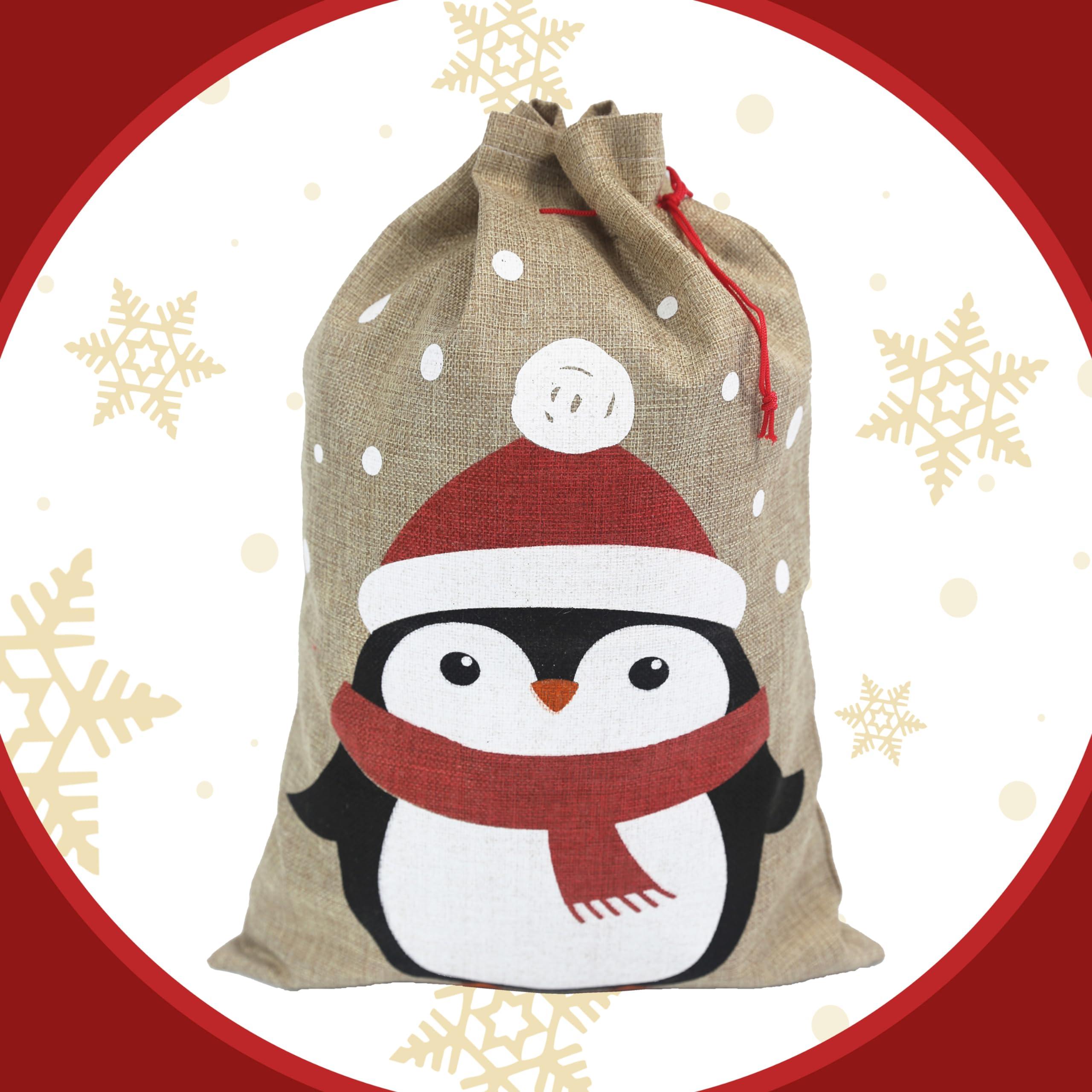 Hooin Christmas Sacks (13.8‘’ x 19.7‘’ Medium Size) – Pack of 4 Drawstring Goody Gift Bags for Christmas Treats 4 Designs Santa Snowman Reindeer Penguin