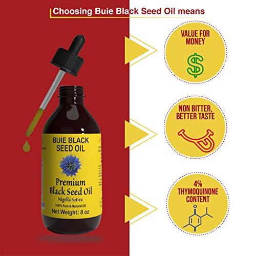 BUIE HOLISTIC HERBS BUIE Black Seed Oil | Black Cumin Seed Oil (Nigella Sativa Oil) | Un-Refined, Cold Pressed Extra Virgin Oil | with 4.5 to 6% Thymoquinone & Omega 3 6 9 | 8 FL Oz