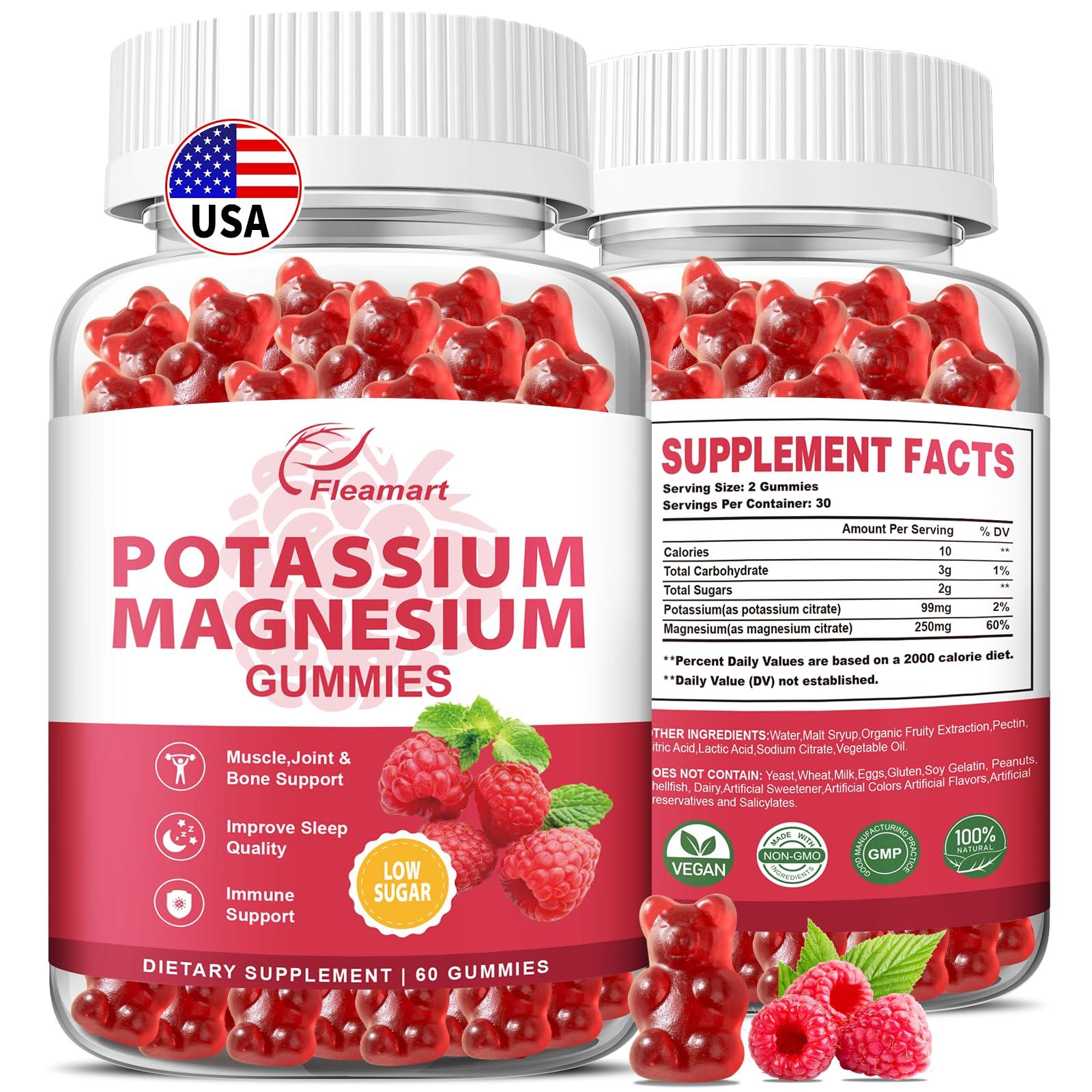 Fleamart Potassium Magnesium Gummies Potassium Citrate 99mg Magnesium Citrate 250mg Magnesium Potassium Complex Supplement, Immune Support, Leg Cramps Muscle Health, 60 Raspberry Gummies 2 Pack