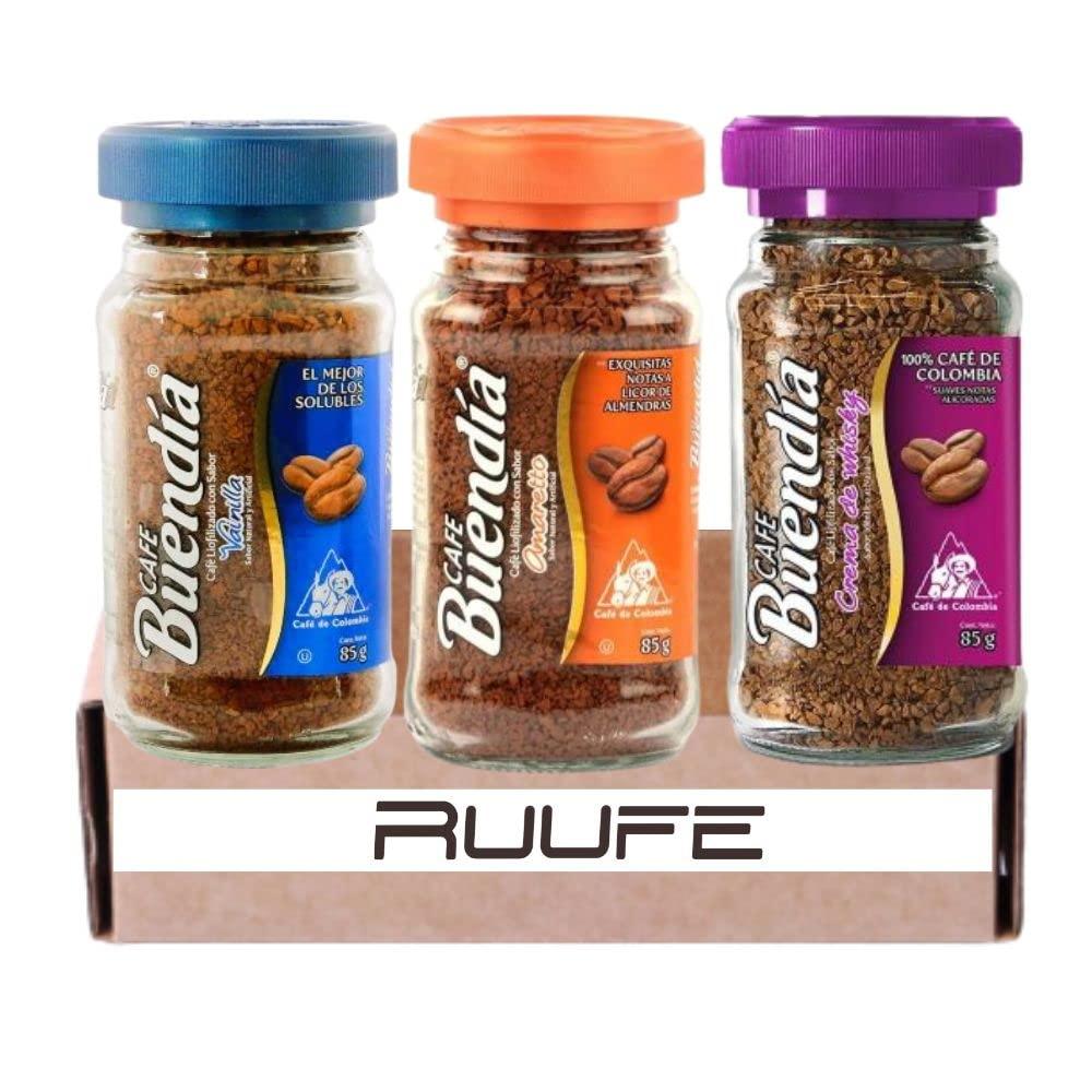 RUUFE Buendia Instant Coffee (3 pack) Amaretto Vanilla & Whiskey Cream Flavor 100% Colombian Coffee Cafe (2.9 oz each) - Cafe Instantaneo Sabor Crema de Whiskey Amareto y Vainilla
