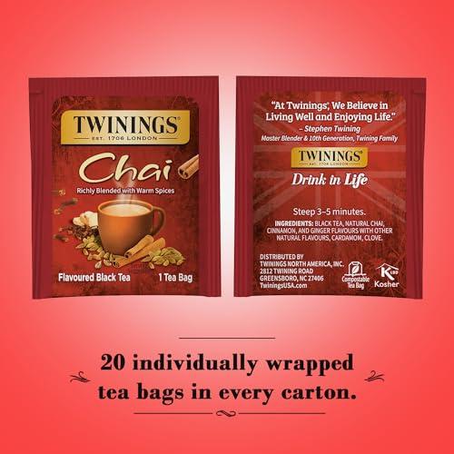 Twinings Twinings Chai Tea, Caffeinated Black Tea Naturally Flavored with Aromatic Spices and Ginger, Tea Bags Individually Wrapped, 20 Count Ea (Pack of 2)