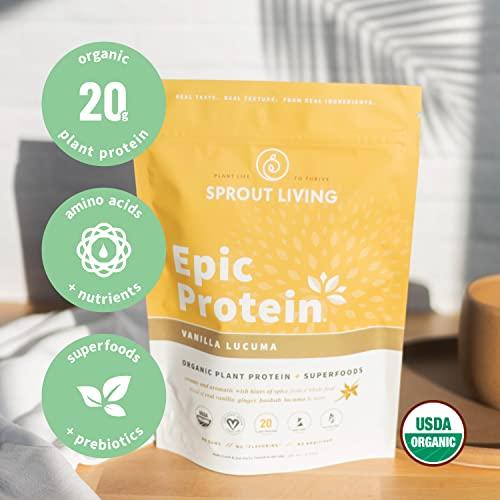 Sprout Living Sprout Living Epic Protein, Plant Based Protein & Superfoods Powder, Vanilla Lucuma Powder | 20 Grams Organic Protein Powder, Vegan, Non Dairy, Non-GMO, Gluten Free, Low Sugar (1 Pound, 12 Servings)