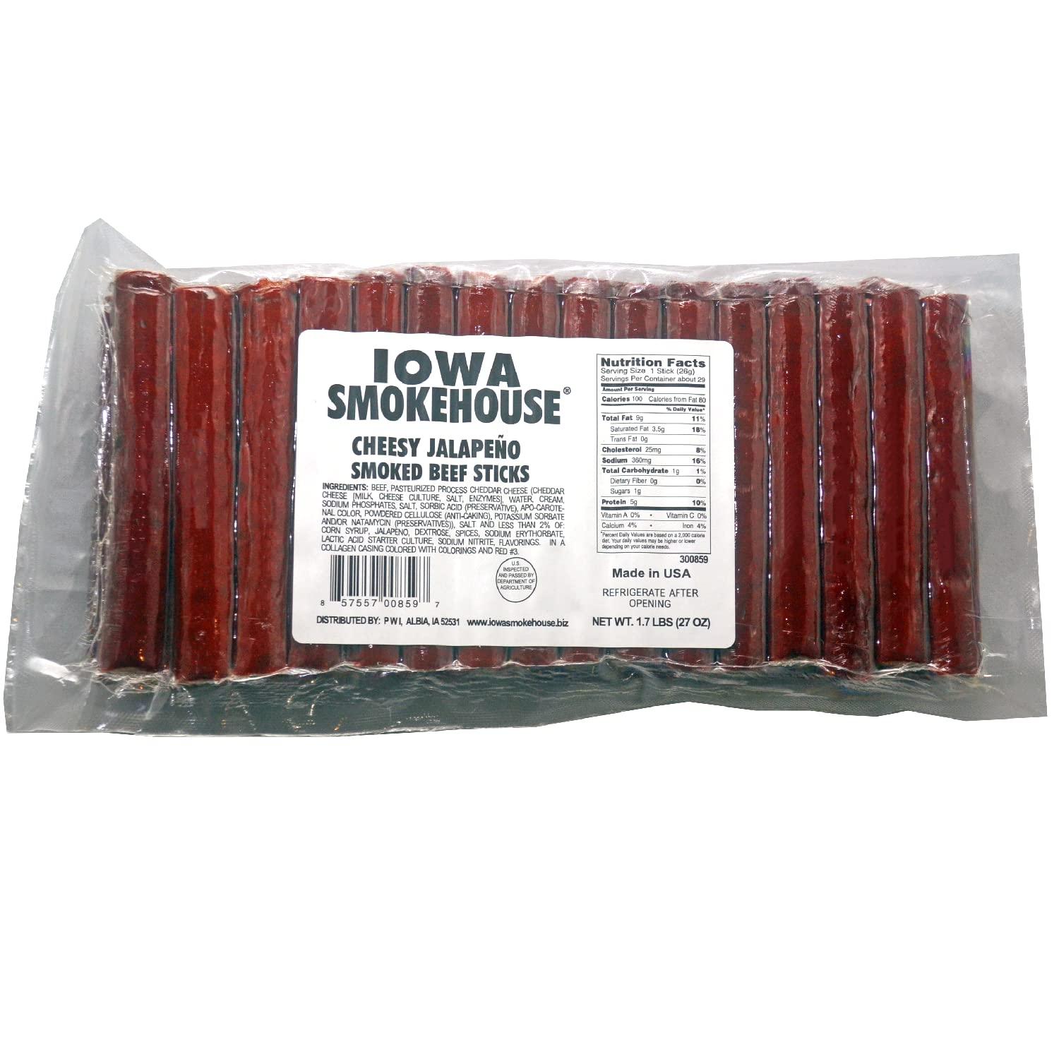 Iowa Smokehouse IOWA SMOKEHOUSE Smoked Beef Sticks, Cheesy Jalapeno - Protein Meat Snack - Sealed & Ready to Eat Sticks, Made in USA - 27 oz