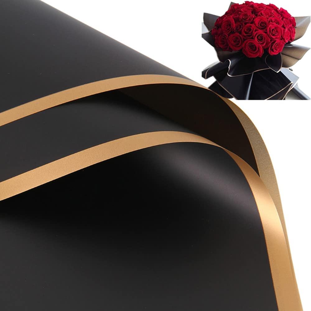 NatureMan 20 Sheets Gold Edge Flower Wrapping Paper Florist Bouquet Supplies Waterproof Thicken Floral Wrapping Paper Gift or Gift Box Packaging Paper 23 x 23 inch (Black&Gold Edge)