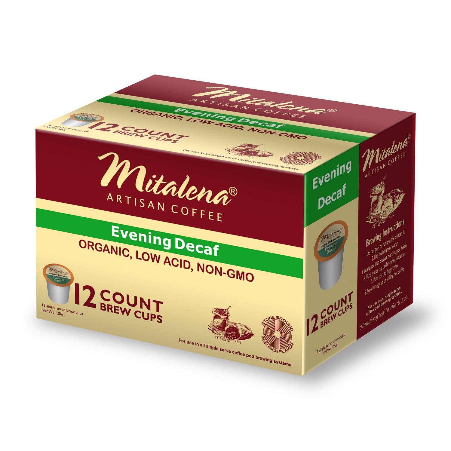 Mitalena Gourmet Coffee Mitalena Artisan Coffee - Evening Decaf Organic Low Acid Coffee Pods, Water Process, Naturally Low Acid, Compatible with Keurig Coffee Maker, Chemical Free, Naturally Low Acid, 12 K Cups