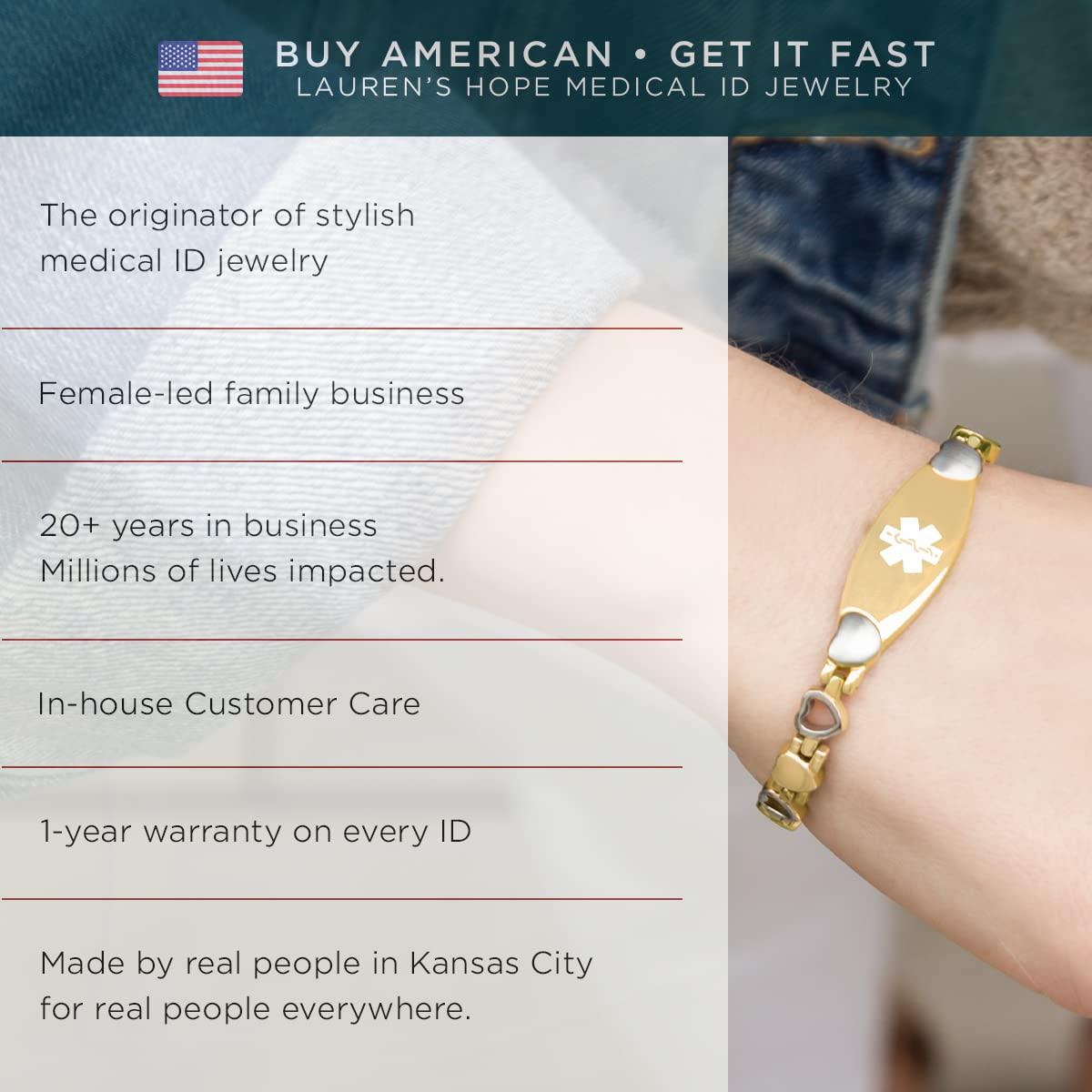 Lauren's Hope Medical Alert Bracelets For Women, Stainless Steel Gold and Silver Heart Link Bracelet, Free Custom Engraving, 1 Year Warranty, Stylish and Waterproof, Lauren\'s Hope Medical ID, 7.5 inch, no gemstone