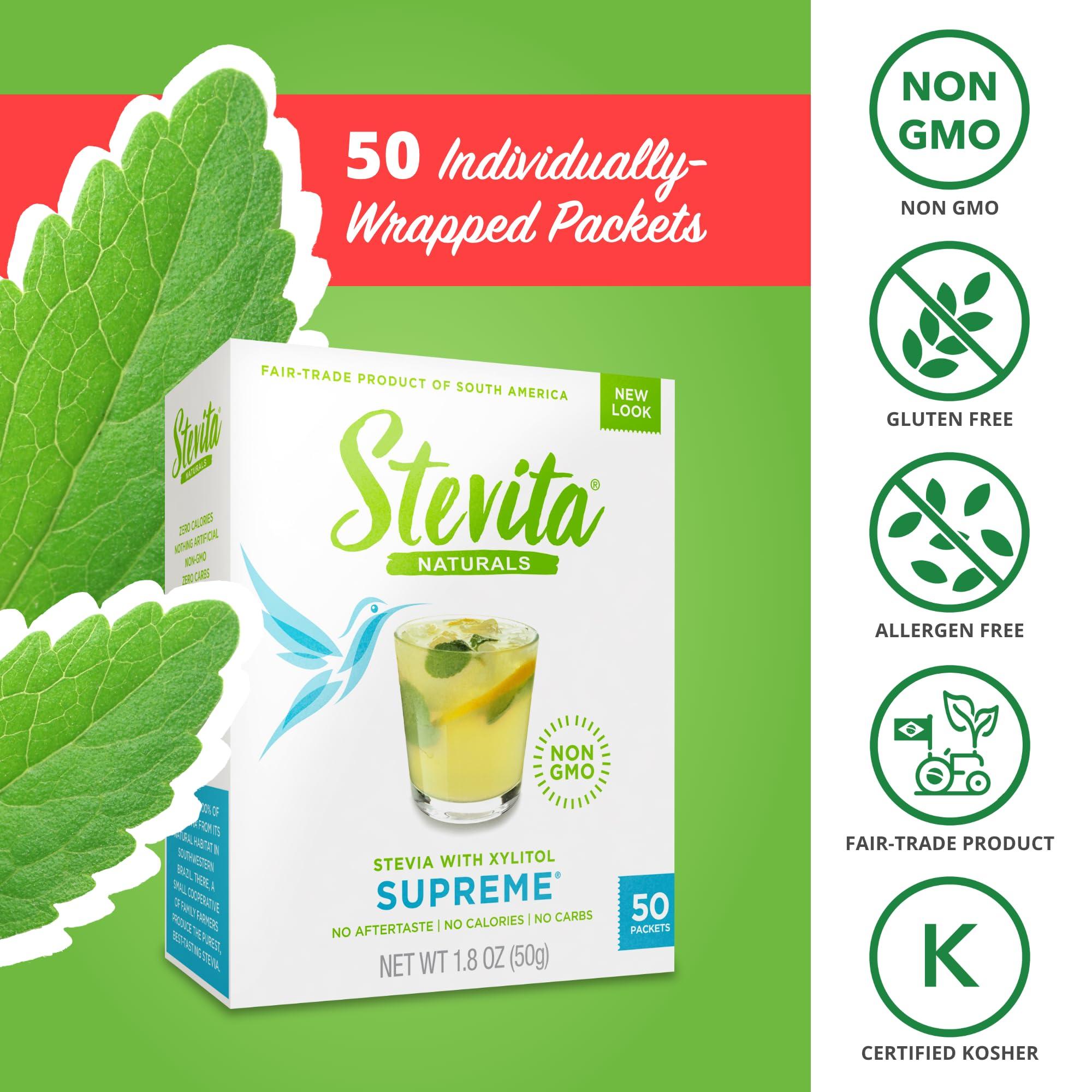 STEVITA Stevita Stevia with Xylitol Supreme - 50 Packets - All-Natural Sweetener, No Calories - Non-GMO, Vegan, Kosher, Keto, Paleo, Gluten Free, Erythitol-Free - 50 Servings