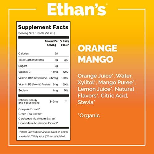 Ethan\'s Ethan\'s Organic Clean Energy Shots Orange Mango, Sugar Free Natural Pre-Workout Focus Boost, Gluten Free, Vegan, B6 & B12 Vitamin C with Green Tea Extract and Guayusa (12 Pack of 2oz Shots)