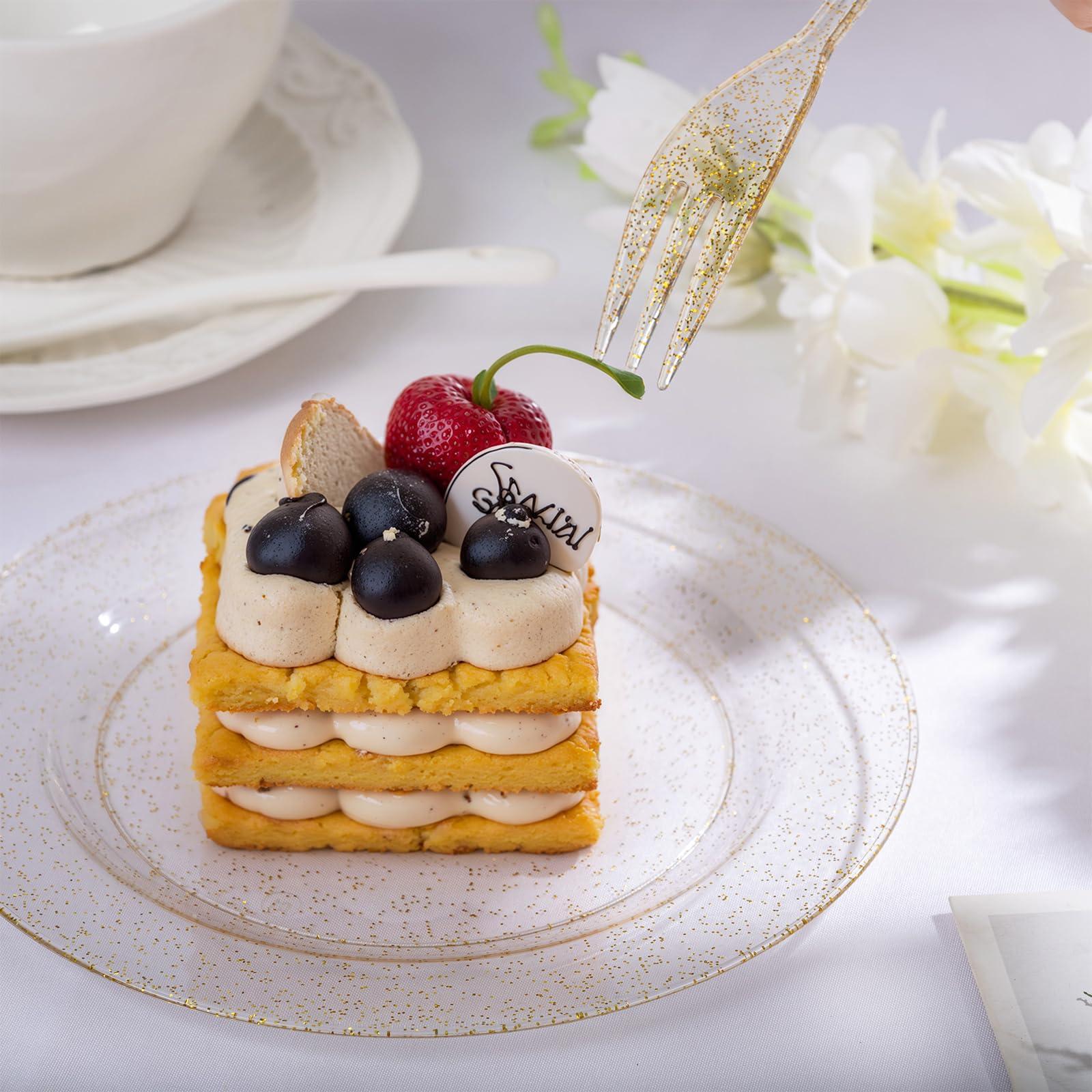 WELLIFE WELLIFE 60PCS Gold Glitter Dessert Plates and 60PCS Plastic Forks, 6.5 inch Disposable Dessert Plates for 60 Guests, Durable Gold Glitter Cake Plates, Perfect for Party