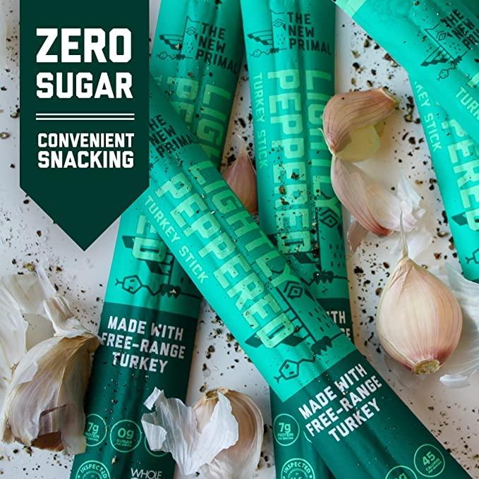 The New Primal The New Primal Lightly Peppered Turkey Sticks, Keto & Gluten Free Healthy Snacks for Adults, Sugar Free Low Carb High Protein Snack, Paleo Whole30 Jerky Meat Stick, 7g Protein, 45 Calories, 5 Pack