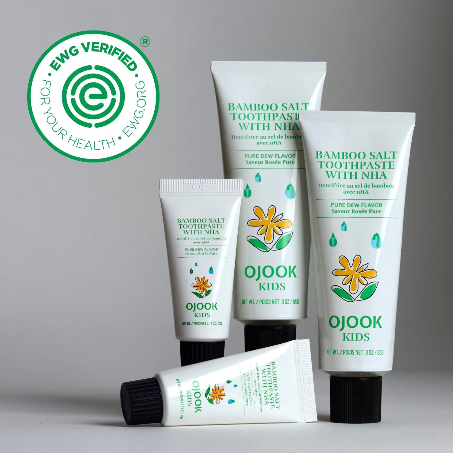 OJOOK OJOOK Kids Fluoride Free Bamboo Salt Toothpaste with nHA - Pure Dew | Nano Hydroxyapatite, Remineralizing, Strengthening Enamel for First Teeth, Safe to Swallow (3oz)