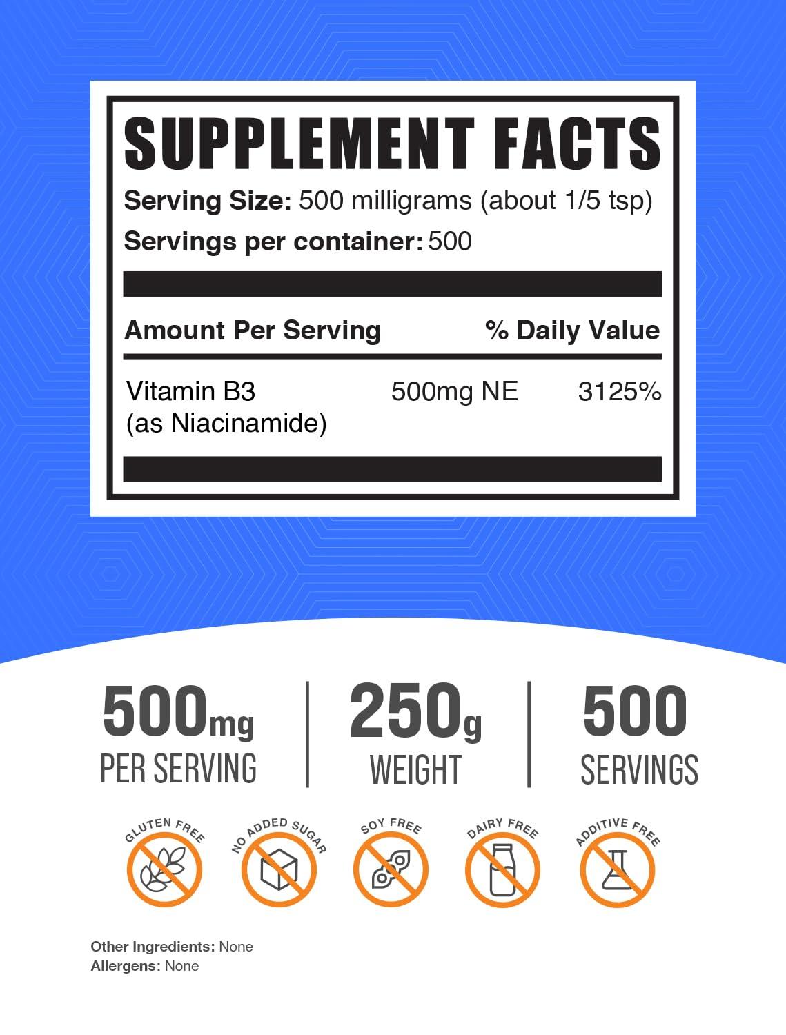 BULKSUPPLEMENTS.COM BULKSUPPLEMENTS.COM Niacinamide Powder - Niacinamide Supplement, Vitamin B3 Supplement, Niacinamide 500mg - B3 Vitamins for Skin Health, Pure & Gluten Free - 500mg per Serving, 250g (8.8 oz)